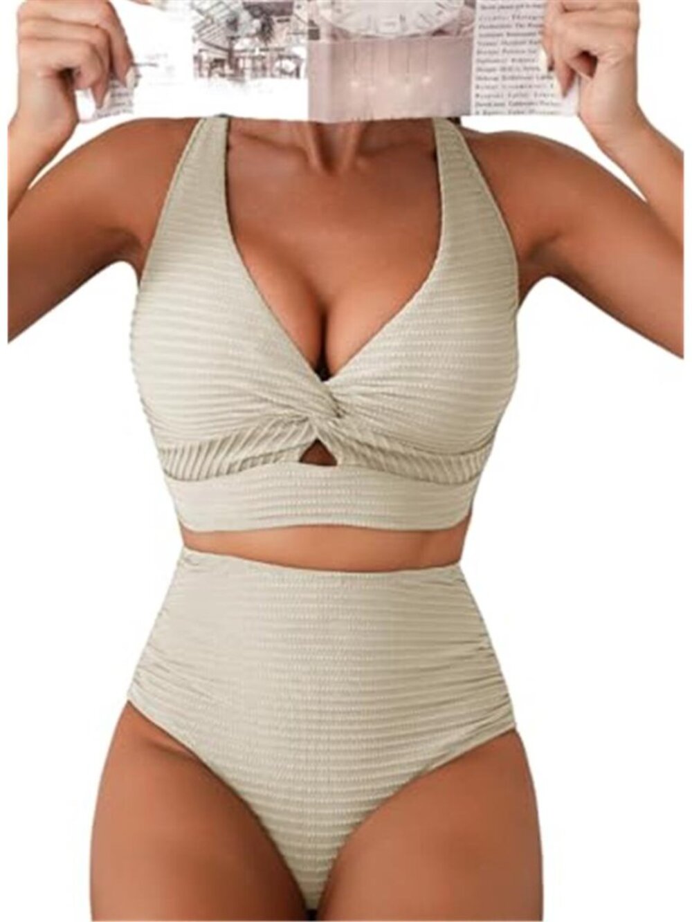 High Waisted Bikini Set Tummy Control Twist Front V Neck Two Piece Swimsuit